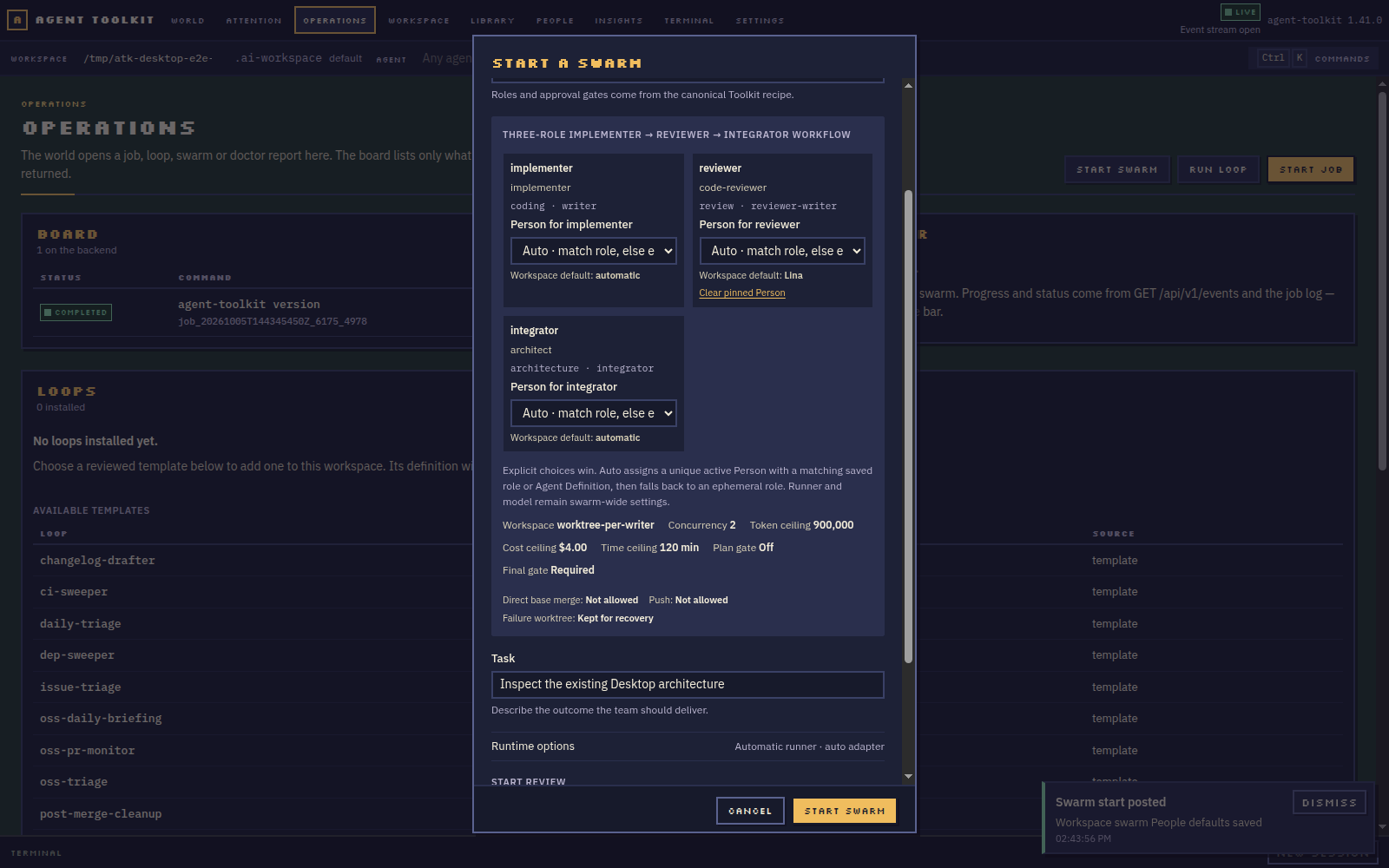 Actual Agent Toolkit Swarm start review with recipe, role assignments, People bindings and model choices