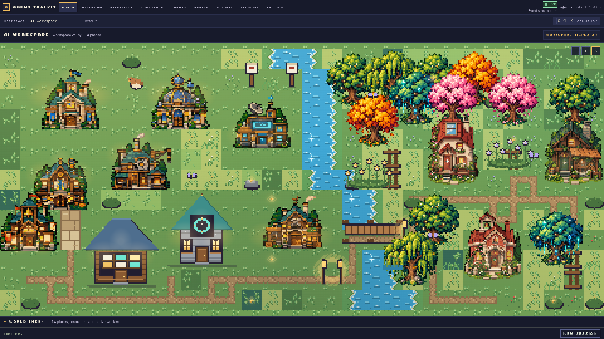 Agent Toolkit Desktop's actual pixel valley: project houses, shared Library and Operations landmarks, paths, creek and woods