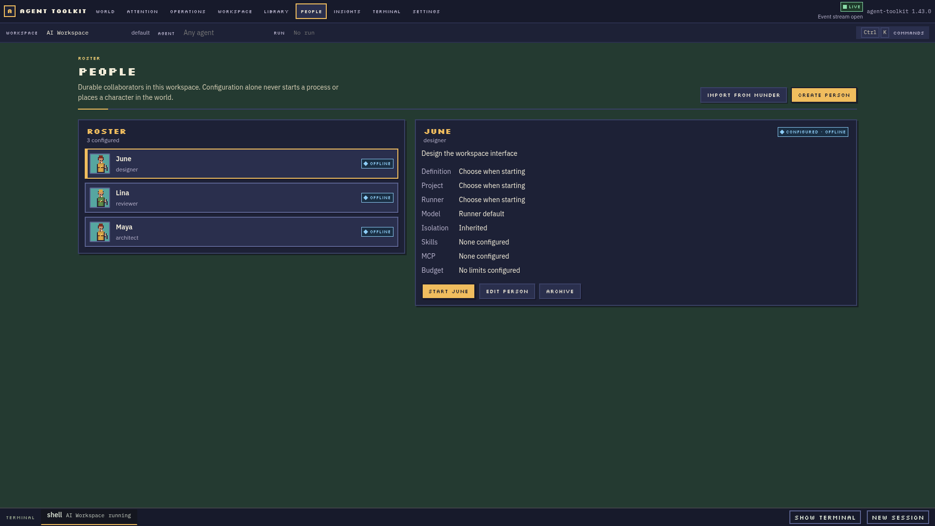 Configured collaborators in the People roster; offline People are not shown as active world characters